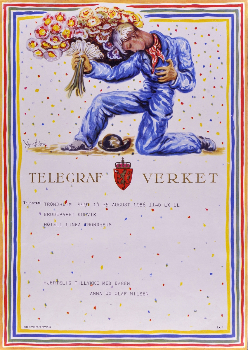 Gratulerer malt av Yngve Andersson. En knestående mann med stor blomsterbukett i hånden. Rundt arket er det striper i flere farger.