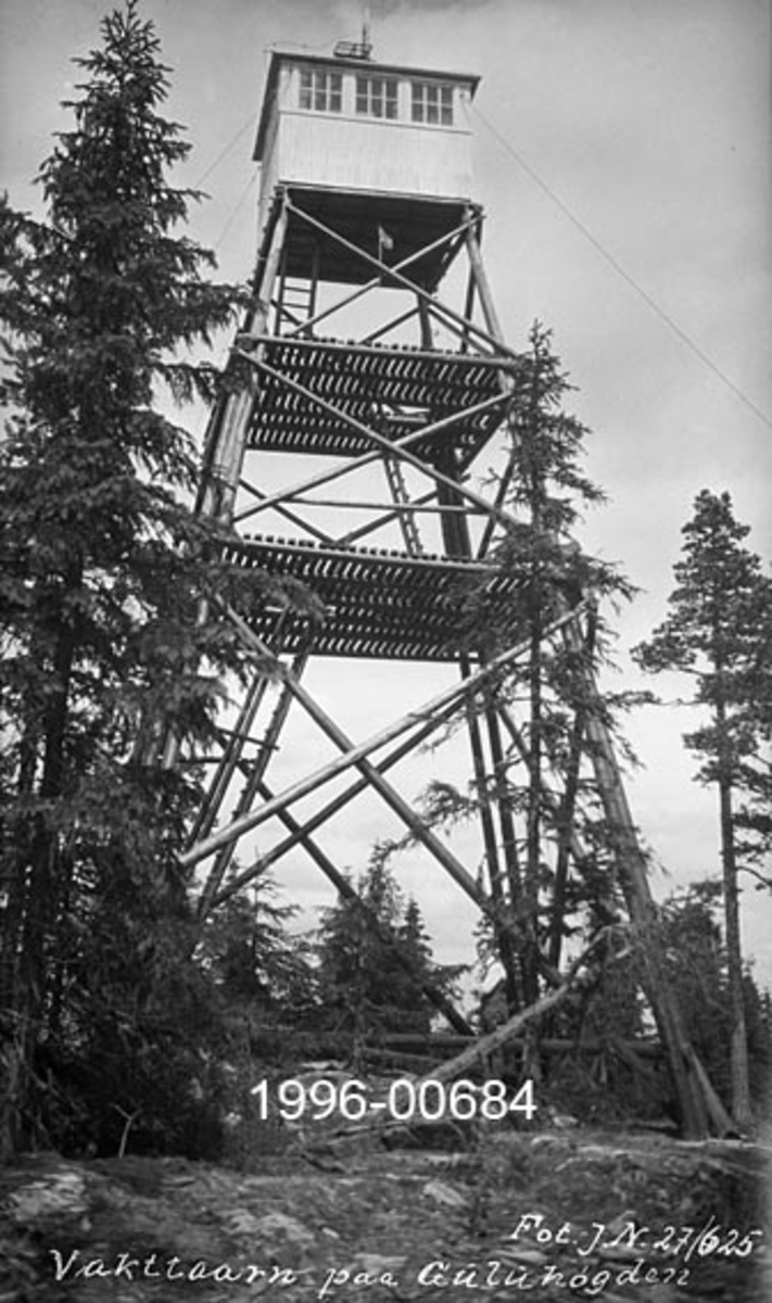 Tårnet på Guluhøgda skogbrannvaktstasjon i Aurskog-Høland.  Dette anlegget ligger cirka 300 meter over havet og ble reist i 1924 av forsikringsselskapet Skogbrand, men Akershus Skogselskap sto som eier og driver.  Tårnet var en stolpekonstruksjon av den vanlige typen med noenlunde kvadratisk grunnplan og bratt, pyramidal form.  Bærekonstruksjonen består av hjørnestolper - montert i par nederst, enkle lengre oppe - avstivet med stolpekryss mot sidene i tre nivåer.  Mellom hvert nivå er det lagt golv eller plattformer på horisontale stolpelunner.  På toppen av tårnet er det ei utkikkshytte med bordvegger og vinder i alle himmelretninger.  Anlegget er plassert på et høgdedrag omgitt av spredte gran- og furutrær. 