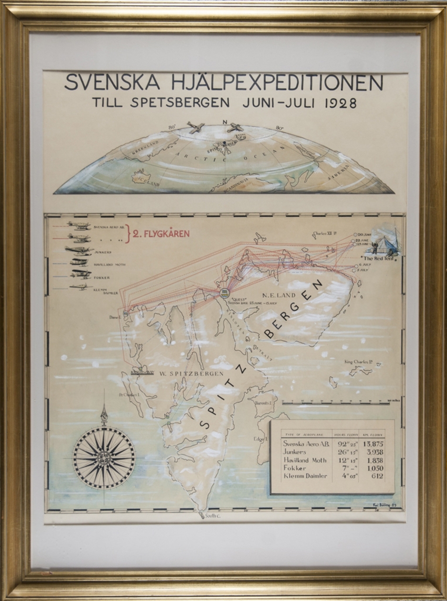 Tavla föreställande den svenska hjälpexpeditionen till Spetsbergen juni-juli 1928. Karta, expeditionsvägar och deltagande flygplan.
