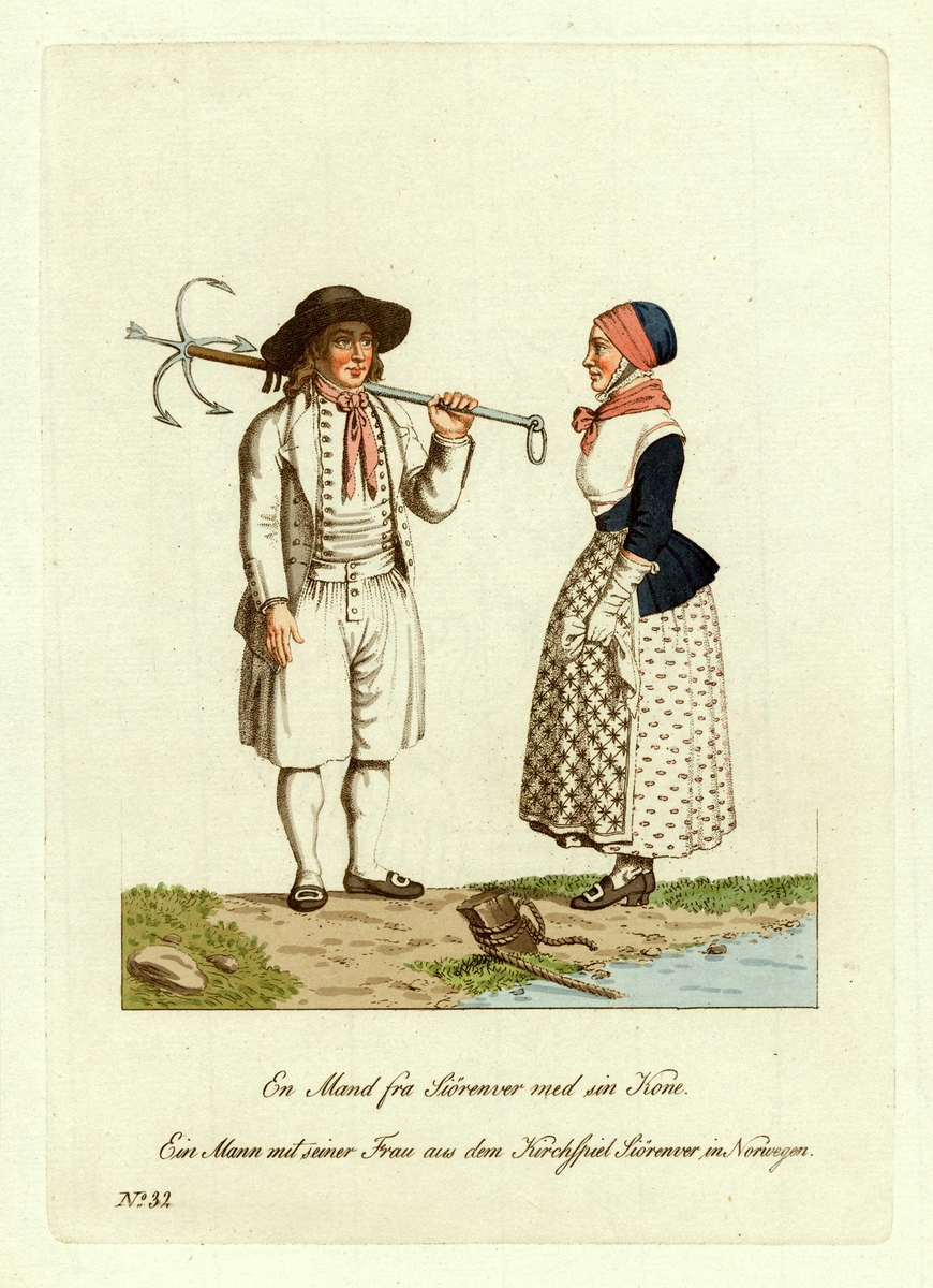 Mann og kone i folkedrakter fra Skjørin, Roan, Sør-Trøndelag, han med en dregg over skulderen. I forgunnen antakelig et båtfeste.