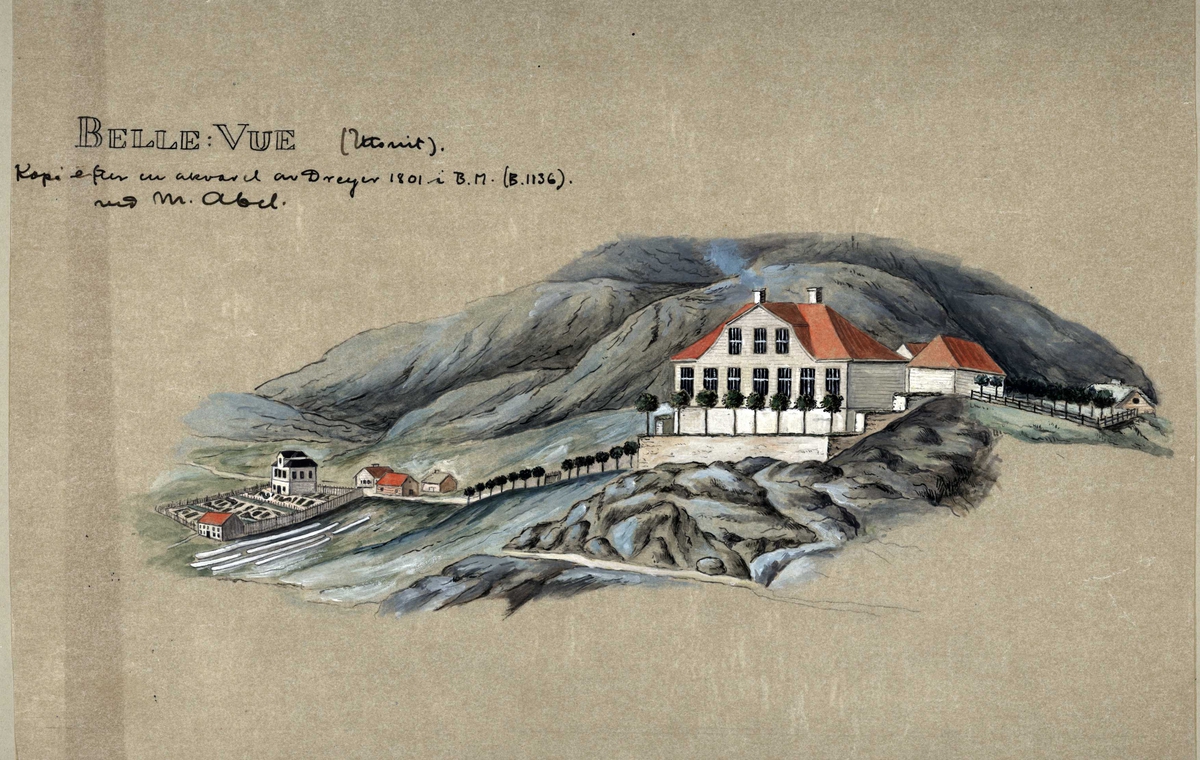Hvite trebygninger, Belle vue i Bergen, fjellandskap og hage