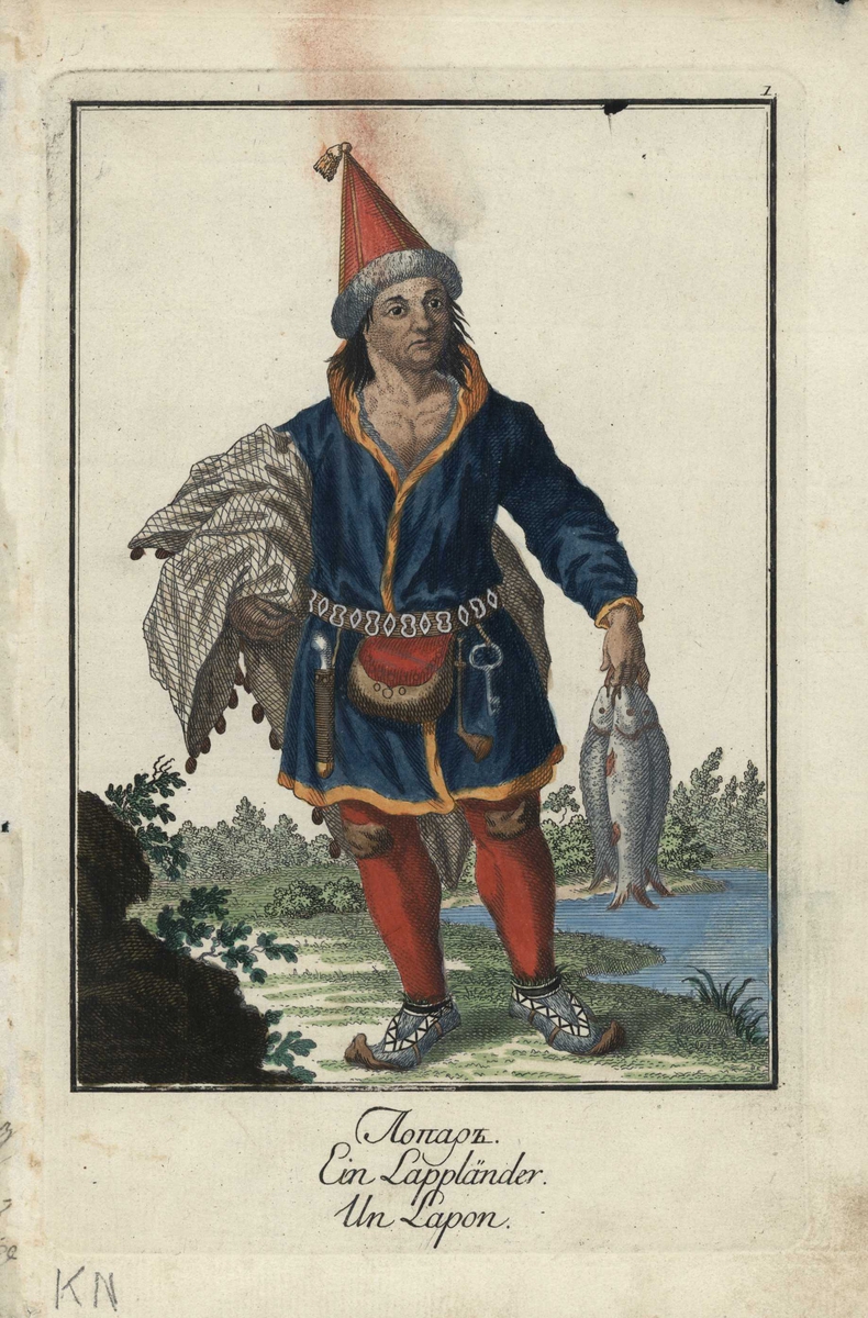 Samisk mann i drakt med fisk og fiskegarn i landslap