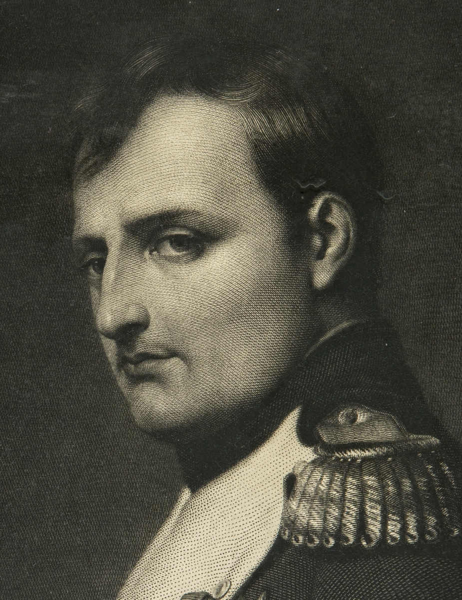 Napoleon i uniform med ordener, halvfigur, venstrevendt.