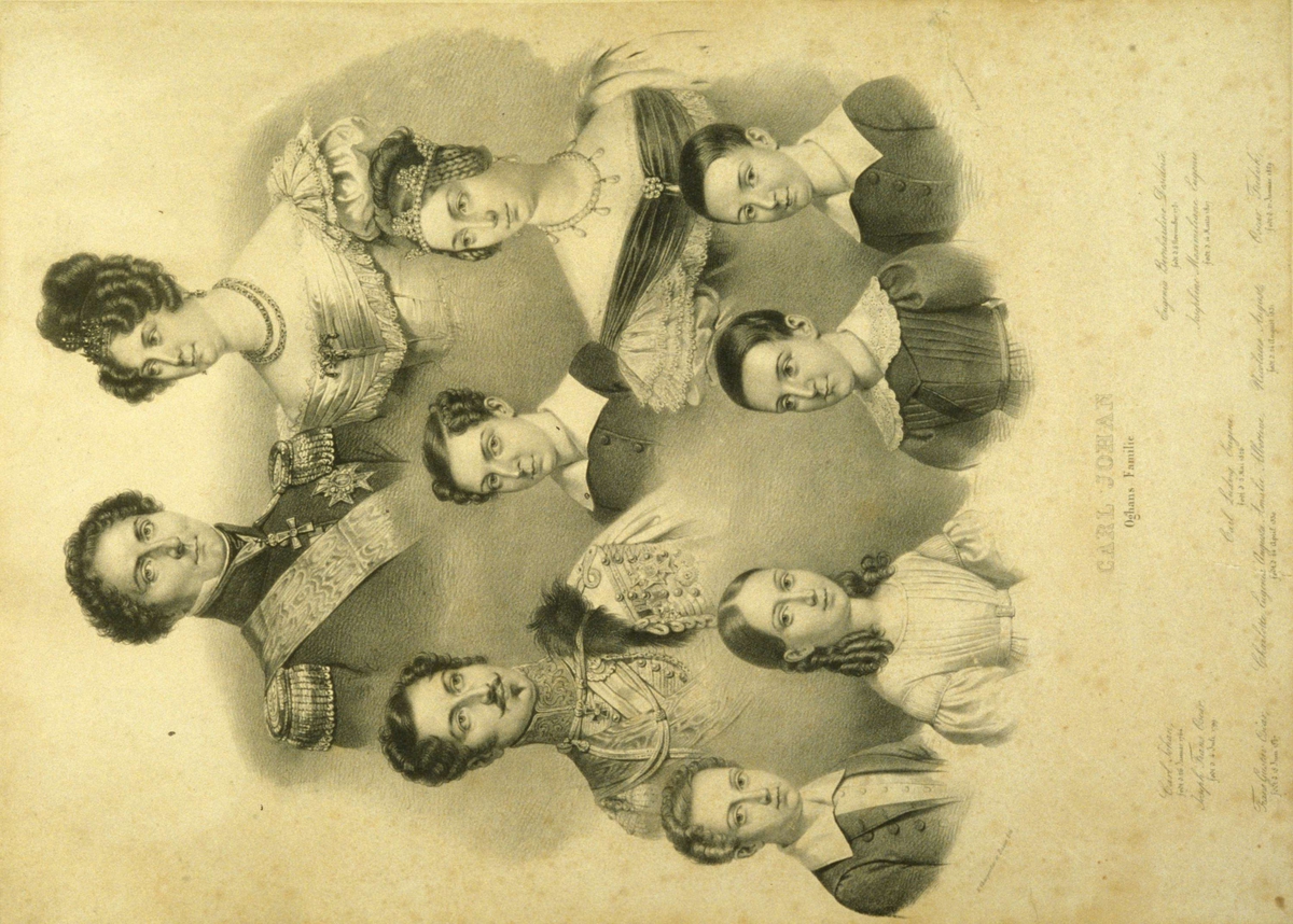 Portretter av Karl Johan og Desideria (Desireè), sønnen Oscar, svigerdatteren Josephine og deres fem barn.