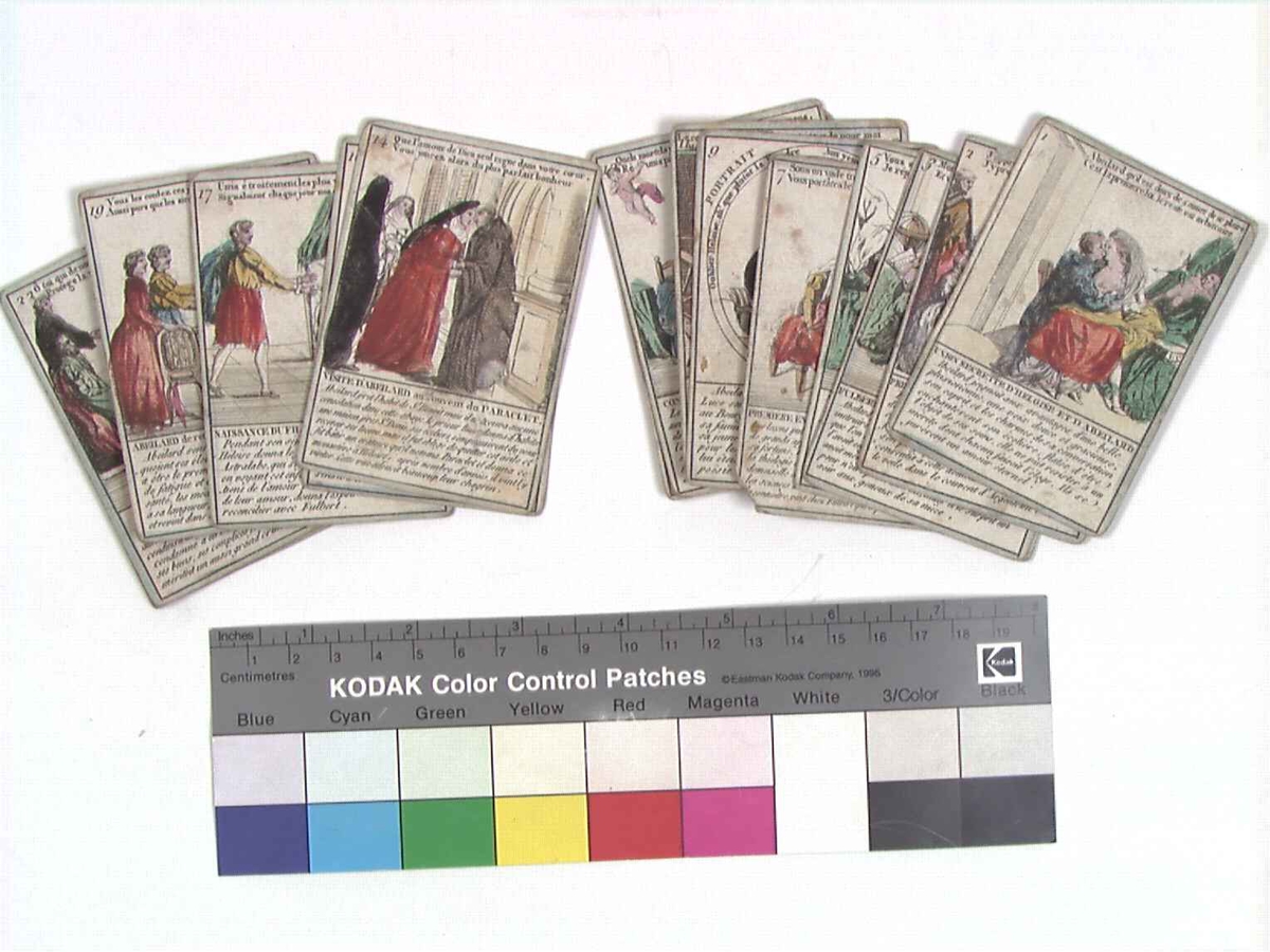 16 bildekort med trykte motiver over historien om Heloise og Abelard, fransk tekst.