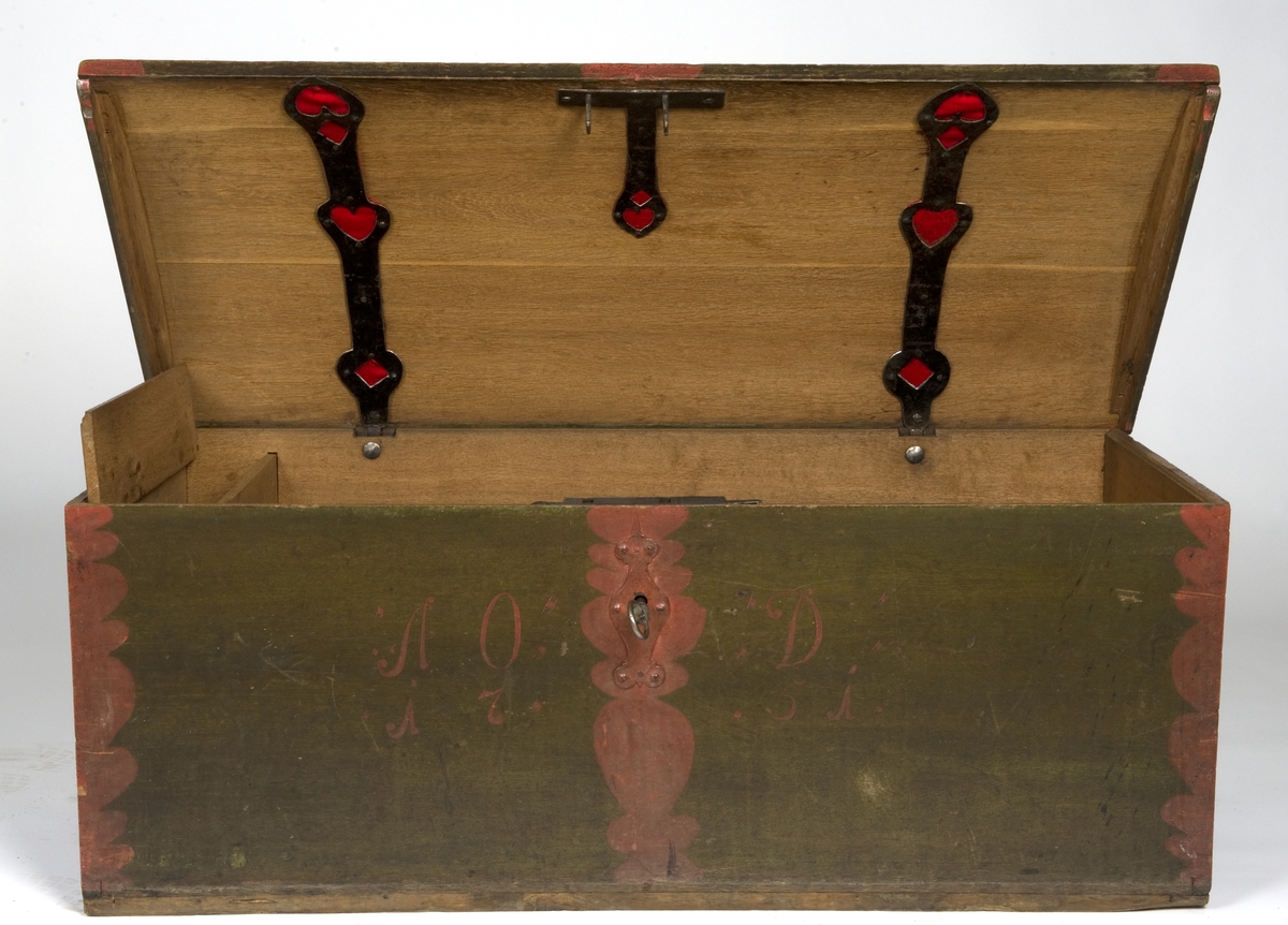 Kiste med buet lokk, grønnmalt med røde båns. Innvendig umalt og med leddik. Beslag på innsiden av lokket har hjerteformede hull med vevd rødt ullstoff i.