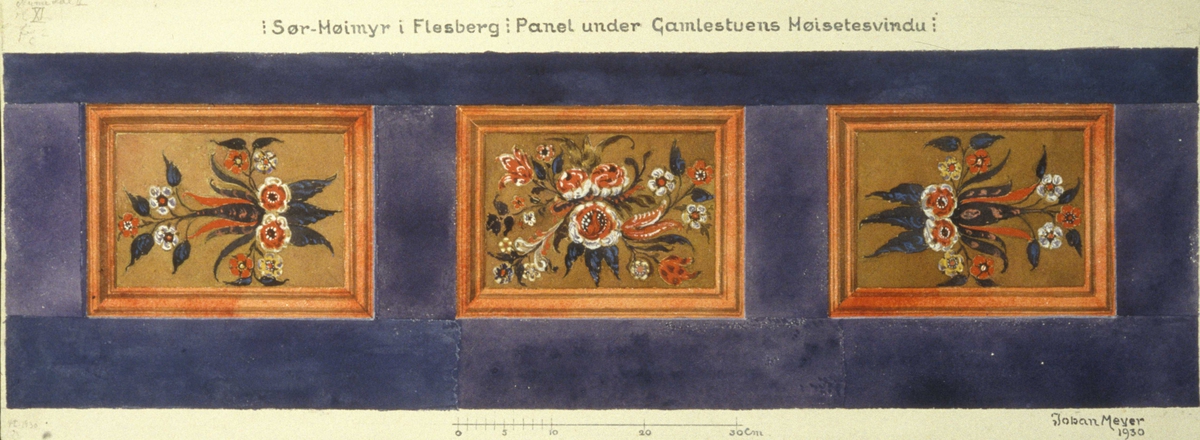 Johan Meyers akvarell (1930) av paneldekor under gamlestuens høysetevindu, Søre Høymyr, Flesberg, Buskerud.