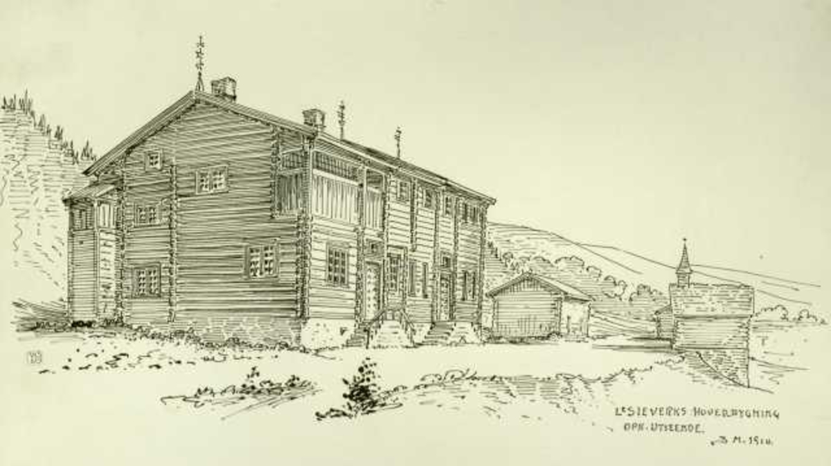 Johan J. Meyers tegning (1910) av den opprinnelige hovedbygning, Lesjaverk, Lesja, Oppland..