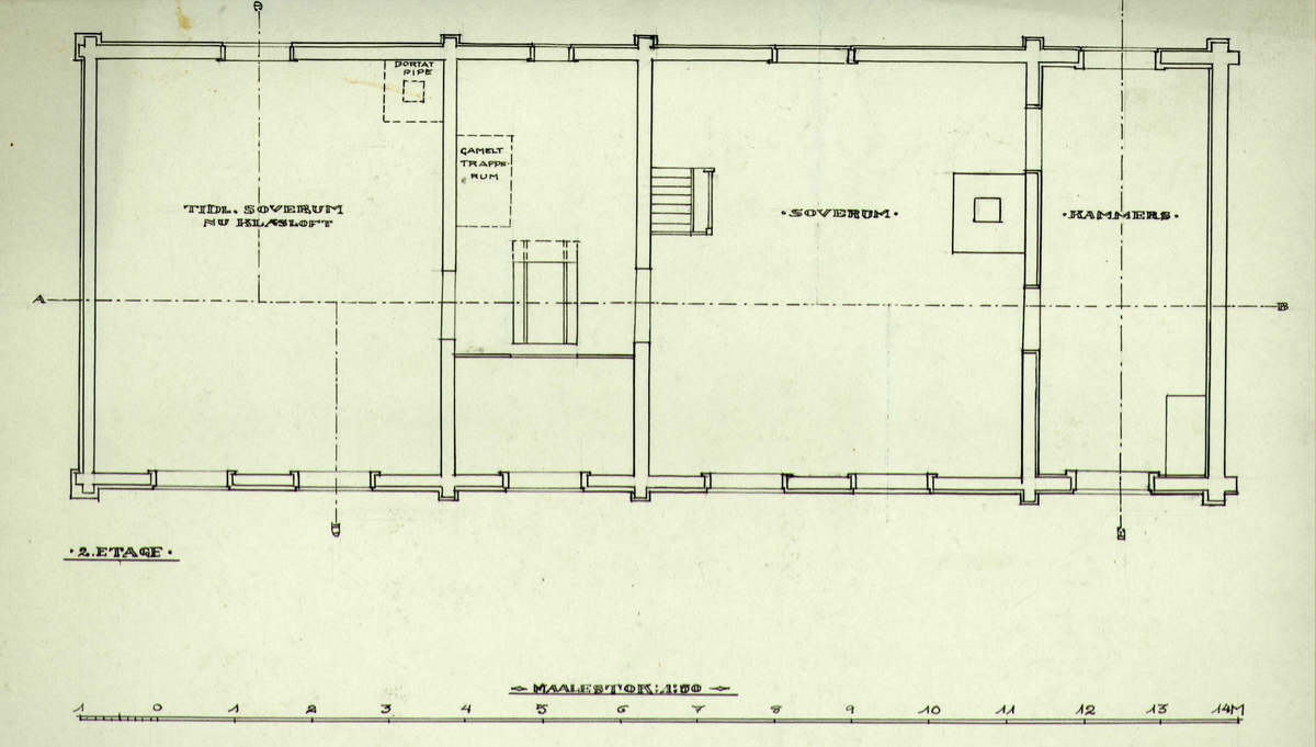 Johan Meyers jr.'s tegning (1926) av grunnplan for 2. etasje i våningshus, Odden, Narjordet, Os, Hedmark.