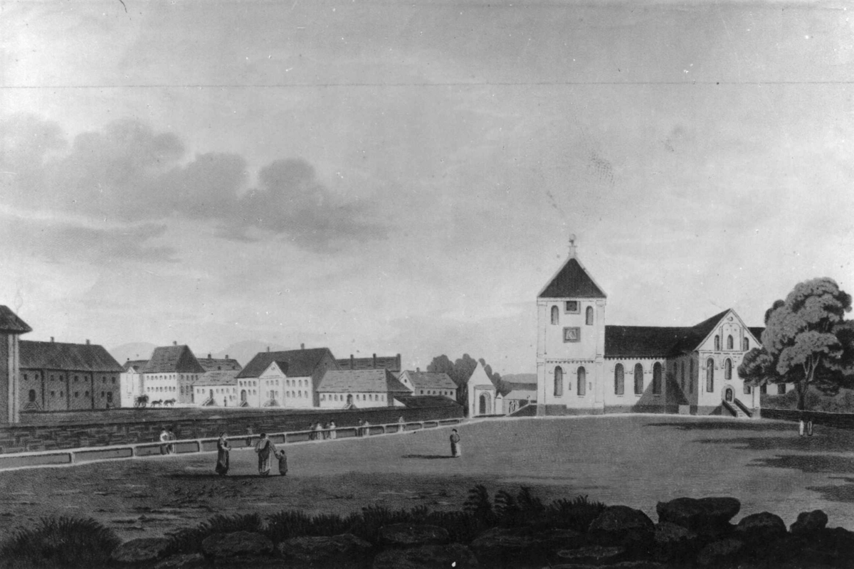 Stortorvet, Oslo 1800. Avfotografert tegning av Joh. William Edy. Domkirken, toget og bebyggelse.