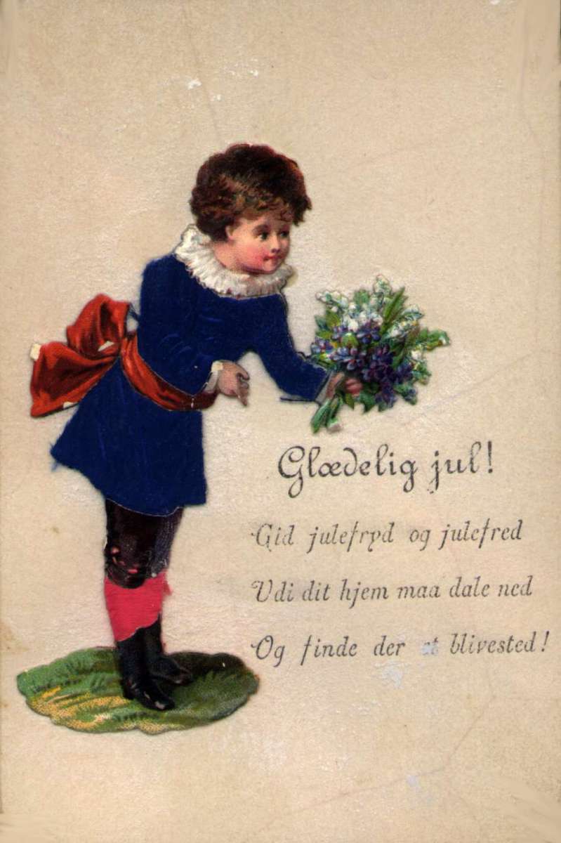 Julekort. Pike med blomsterbukett. Juledikt på forsiden. Datert  24.12.1888.