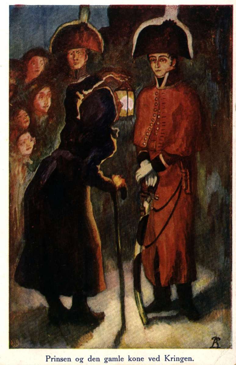 Postkort. Prins Kristina Fredrik møter gammel kone. Tekst på kortet "Prinsen og den gamle kone ved Krigen".