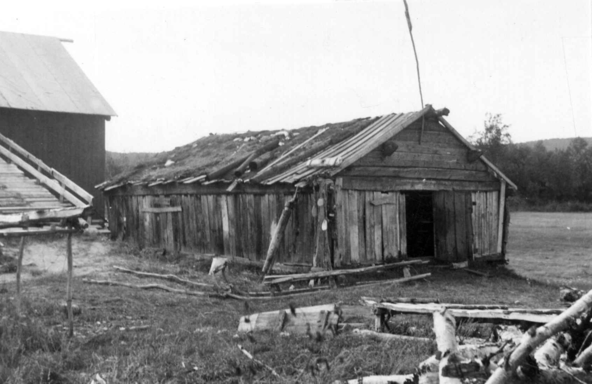 Uthuset, med det nye fjøset i bakgrunnen, på Hermansens gård, Øvre Masi 1953.