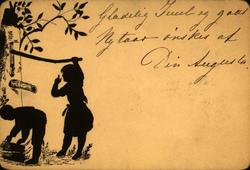 Postkort. Jule- og nyttårshilsen. Svart/hvitt. Silhuetter av