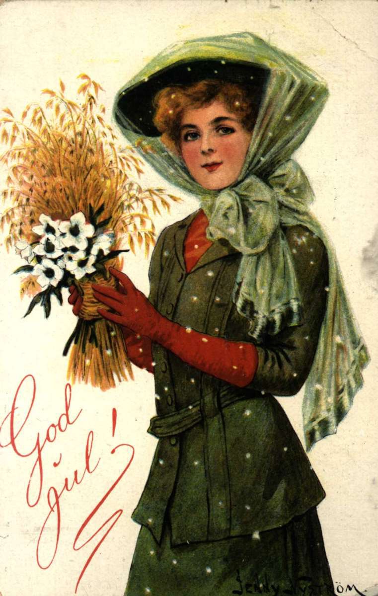 Julekort. Jule- og nyttårshilsen. Kvinne med hatt. Blomster og nek i hendene. Illustrert av Jenny Nyström (svensk) 1854-1946. Stemplet 22.12.1910.