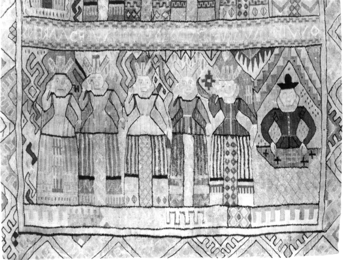 Detalj fra et jomfruteppe med motiv: "De fem kloke og de fem dårlige jomfruer". Antagelig fra slutten av 1600-tallet, begynnelsen av 1700-tallet.