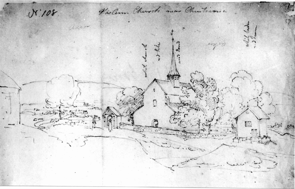 Haslum Kirke i Bærum, Akershus.
Blyantskisse av John Edy. "Drawings Norway 1800. "
