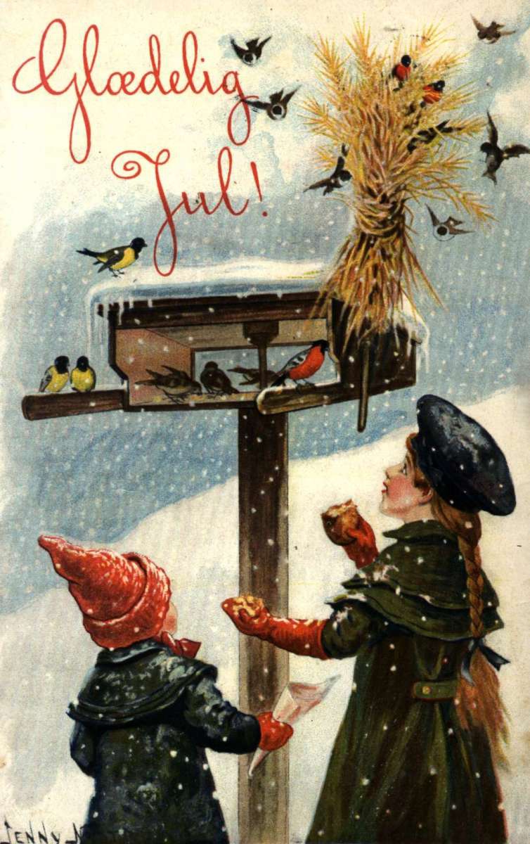 Julekort. Jule- og nyttårshilsen. Vintermotiv. To barn står og ser på et fuglebrett med julenek og fugler. Illustrert av Jenny Nystrøm. Stemplet 24.12.1911.