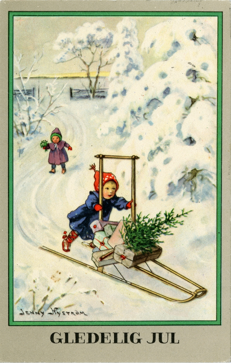 Julekort. Jule- og nyttårshilsen. Barn frakter juletre og presanger på sparkstøtting. Motiv tegnet av Jenny Nyström. Kortet er poststemplet 22.12.1928.