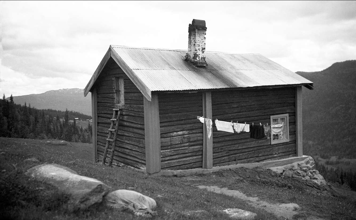 Hovedhuset på gården Ligardshaugen 1939. Snor med klær til tørk. I bakgrunnen ses landskap med bebyggelse, skog og fjell.