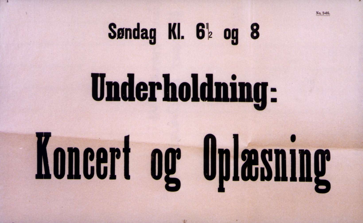 Plakat. Underholdning med konsert og opplesning i 1905.