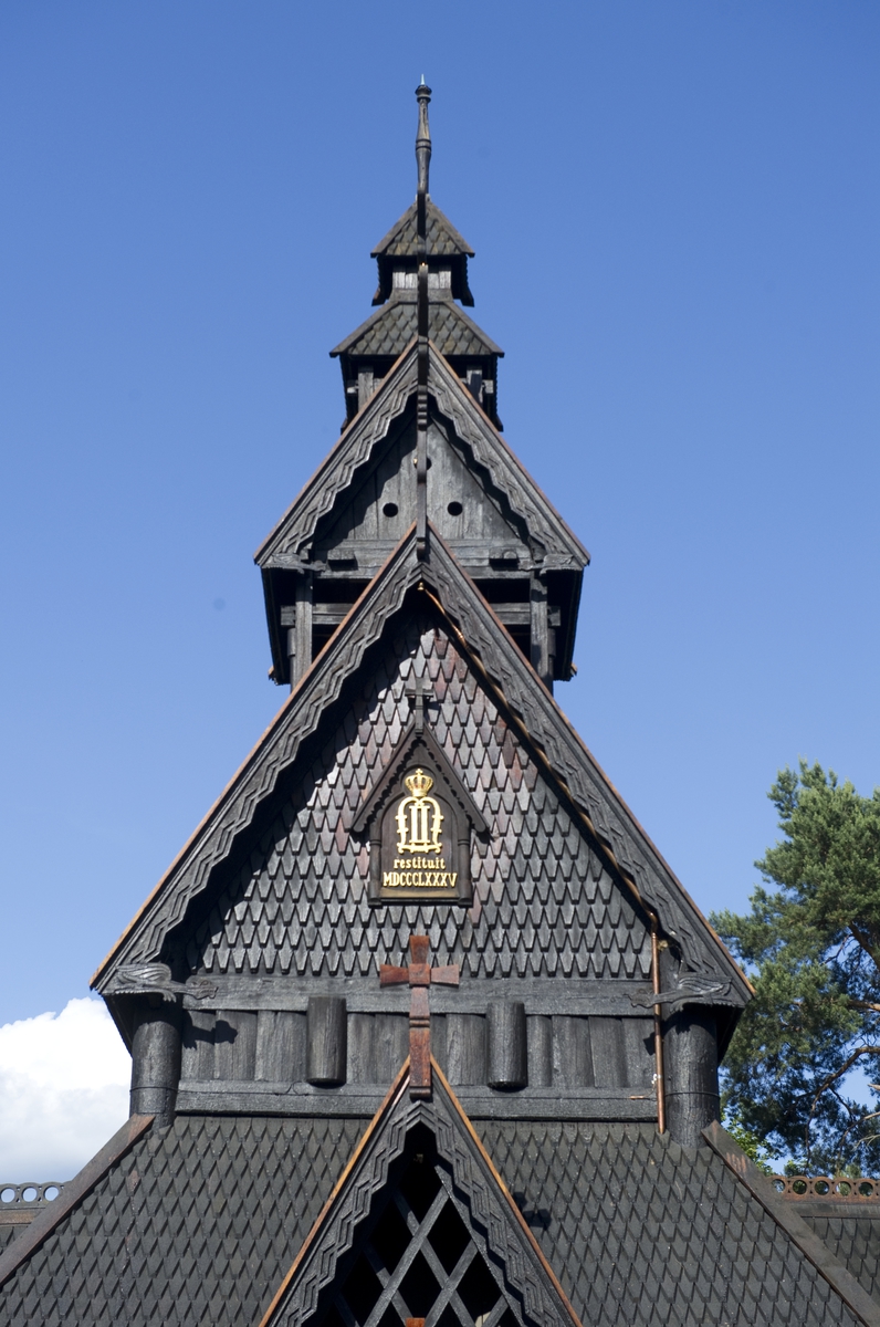 Gol stavkirke på Norsk Folkemuseum etter istandsettelsen som foregikk vinteren/våren 2012. Fotografert 20. juni 2012.