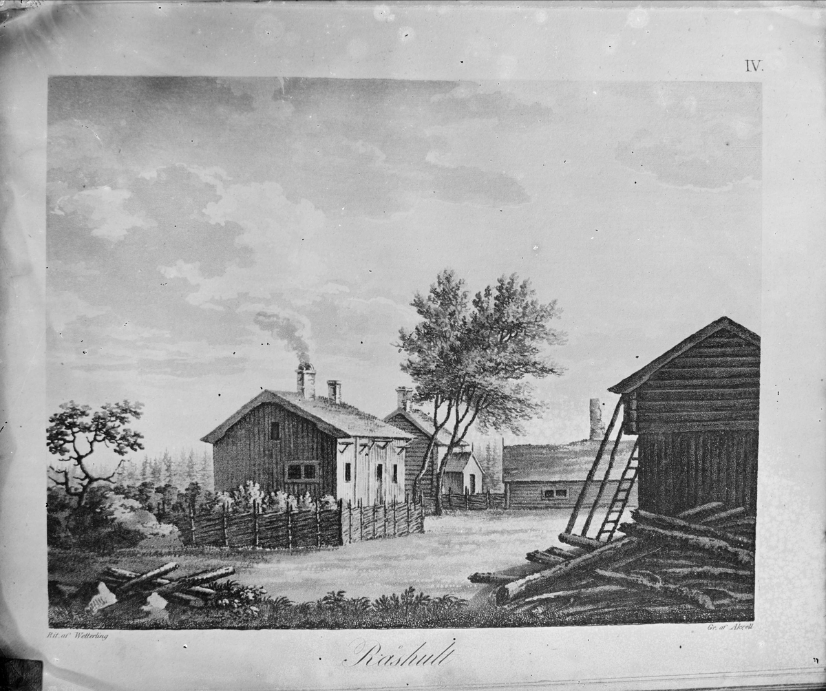 Reproduktion - gravyr av Akrell efter teckning av Wetterberg. Carl von Linnés födelseplats Råshult, Stenbrohults socken, Småland