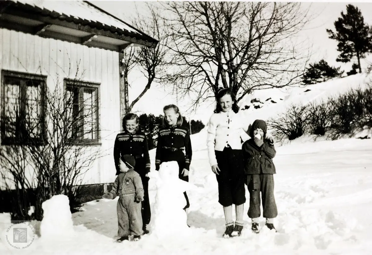 Fem søstre Ubostad bygger snømenn på Ubostad i Grindheim.