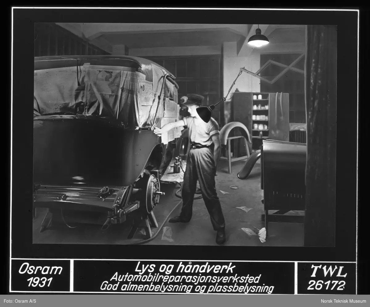 Bilverksted, god belysning, Osram 1931