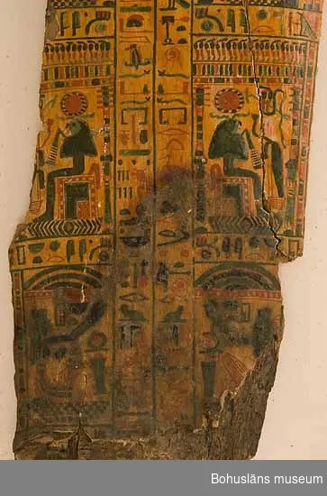 Antropoid mumiebräda dekorerad i flera färger på en gul bakgrund. Brädan lades på mumien inne i kistan. Brädan avbildar den avlidne bärandes en peruk och under hakan finns idag ett hål där ett lösskägg (?) suttit. Ett halsband är avbildat på den övre delen av bröstkorgen där även de korslagda händerna kommer fram. På kroppens mittdel finns två horisontella band med guden Amun-Ra avbildad samt hieroglyfer. Dessa två band åtskiljs av den bevingade himmelsgudinnan Nut. På brädans nederdel fyra horisontella band med gudar och hieroglyfer.

Inscription 1
Htp-di-nsw in Wsir, Xnty Imntt, Wn-nfr, HkA anxw, nTr aA, Hr-ib AbDw, aA, xa m Atf.f,
di.f prt-xrw t, Hnkt, kAw, Apdw, xt nbt nfrt abt, Wsir it-nTr, TAy bsnt n Imn [---].
Offering that the king gives to Osiris the foremost of the West, Uennefer, the sovereign
of the living ones, the great god, who is in Abydos, the great one, who rises in his atefcrown, so that he may give invocations-offerings in bread and beer, meat and fowl, and
all things good and neat to the Osiris, divine father, the chiseler of (the temple) of Amun
(---).

Inscription 2
Htp-di-nsw in Ra-HrAxty-tm, Xnty Hwt-aA, bA n pt Hr-ib Axt, s.HD tAwy m wbAt itn.f, di.f
pr bA[.i] mAA itn, Wsir it-nTr n Imn, TAy [---].
Offering that the king gives to Re-Horakhty-Atum, the foremost of the Great Temple,
who’s ba is in heaven, over the horizon, he illuminates the Two Lands, in the opening of
his disk, so that (my) ba goes forth and may see the sun disk (Aten), the Osiris, divine
father of Amun, the chiseler (---).

Inscription 3
imAxy xr
The venerable one before (…).

Inscription 4
imAxy xr Wsir, Xnty
The venerable one, before Osiris, the foremost.

Inscription 5
imAxy xr
The venerable one (…).

Inscription 6
imAxy xr skry, nb
The venerable one, before Sokaris, lord.

Inscription 7
imAxy xr
The venerable one (…).

Inscription 8
imAxy xr nTr aA, im
The venerable one, before the great god in.

Inscription 9
imAxy xr Nb-Hwt
The venerable one, before Nephthys.

Inscription 10
imAxy xr Nb-Hwt
The venerable one, before Nephthys.

Ur Knut Adrian Anderssons katalog II
Uddevalla - Musei - Historiska - Samlingar: E: Utländska föremål
De Etnografiska föremålen upprättad år 1916:
No 63 Lock till Sarcofag = Mumiekista
från omkring 1200 år före Kristi födelse. Kistan
omslöt en Ammons-präst (avmålad å locket)
funnen i Egypten vid Thebe (=Deir el Bahari)
Skänktes till U-A Museum i mars 1910 av herr Carl
Christiansson i Paris (f. d. Uddevallabo)

Ur handskrivna katalogen 1957-1958:
Lock t. mumiesarkofag Egypt. 
L.175. Br. 32,5. Trä målad i färg. Något skadad, en lös bit.

Lappkatalog: 100

Se även av/v fotografier under Referenser, UM000546 och UM000547.