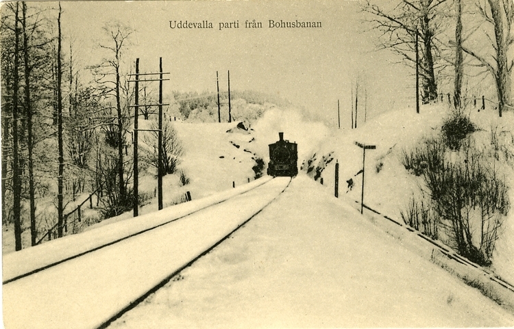 Tryckt text på vykortets framsida: "Uddevalla Parti från Bohusbanan."