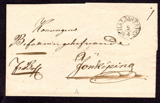Omslag till förfilatelistiskt brev avsänt från Halmstad den 5 april 1833 till Koungens Befallningshavande i Jönköping.

Etikett/posttjänst: Fribrev

Stämpeltyp: Bågstämpel  typ 1