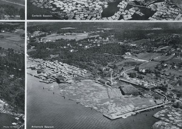 Flygbild över Ankarsviks ångsåg. Del av vykort.