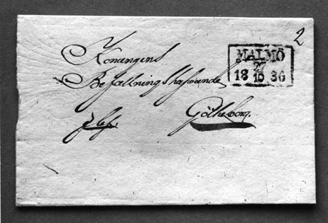 Foto av brev till "Konungens Befallningshafwande Göteborg".
Fyrkantsstämpel "Malmö 27.10.1836". Brevet hopvikt - framsidan. Karteringsnr "2". Påteckning "fbf" (fribrev).