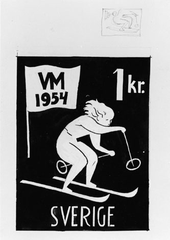 Förslagsteckningar till frimärke VM på skidor, utgivet 13/2 1954. VM hölls i Falun och Åre. Konstnär: Stig Blomberg. Förslag 1. Stående bild.
Valör 1 kr.
