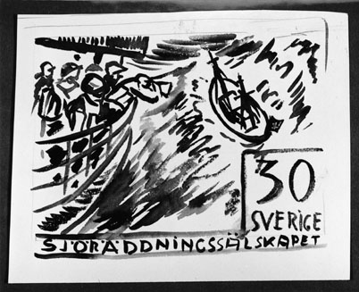Skisser till frimärket Sjöräddningssällskapet 50 år, utgivet 1/6 1957. Svenska Sällskapet för Räddning af skeppsbrutna bildades den 1/6 1907. Konstnär: Torsten Billman. Skiss "30" "Sverige". Valör 30 öre.