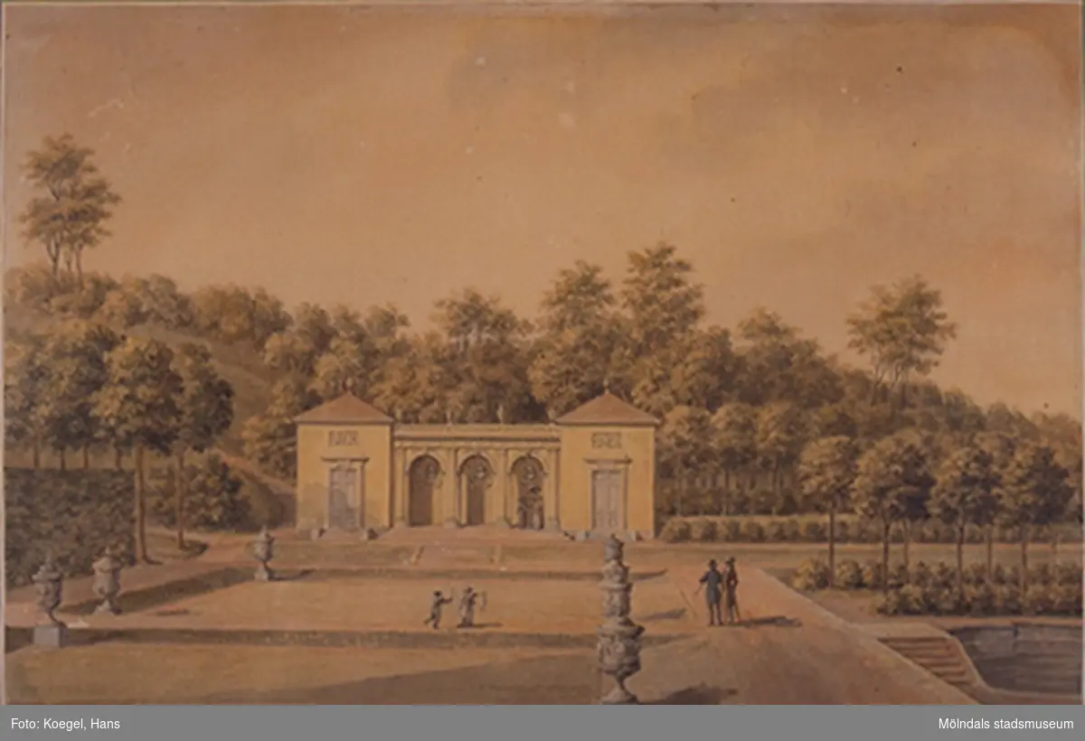 Akvarell föreställande Gunnebo slott, avfotograferad 1997. 
Akvarellmålning från cirka 1790-1827 av konstnären Justus Fredrik Weinberg, signatur J. F Weinberg.