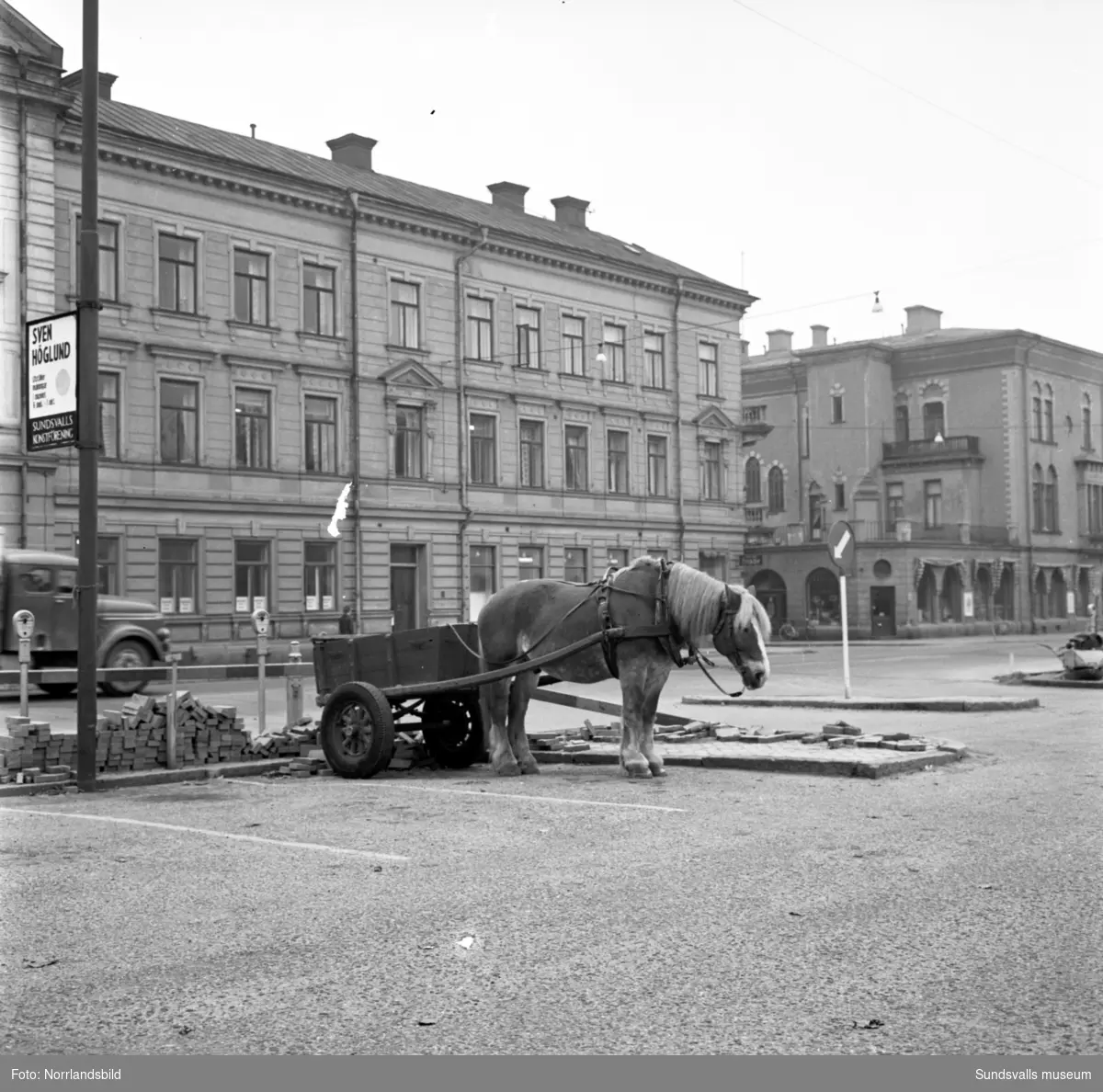 En trött arbetshäst med dragkärra står "parkerad" på Nytorget mot Köpmangatan i Sundsvall.