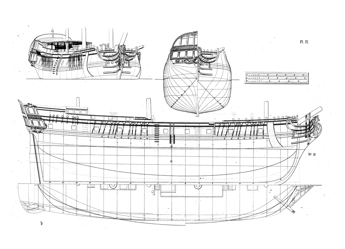 Handelsfartyg, fregattriggad häckbåt. Profil-, linje- och spantrining, trekvartsvy av styrbords sida samt galjon.