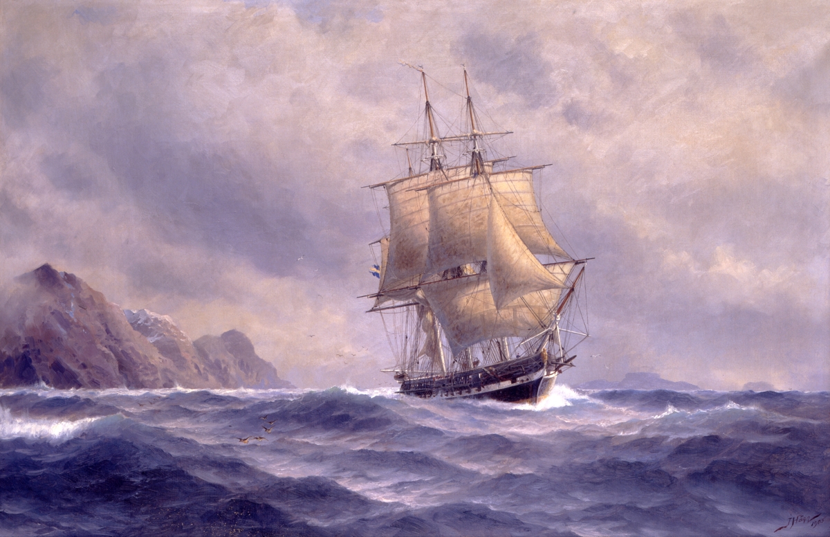 Fregatten EUGENIE då hon den 10 februari efter fullbordad genomsegling av Magellans sund nått Sea Reach, det västra inloppet till sundet.