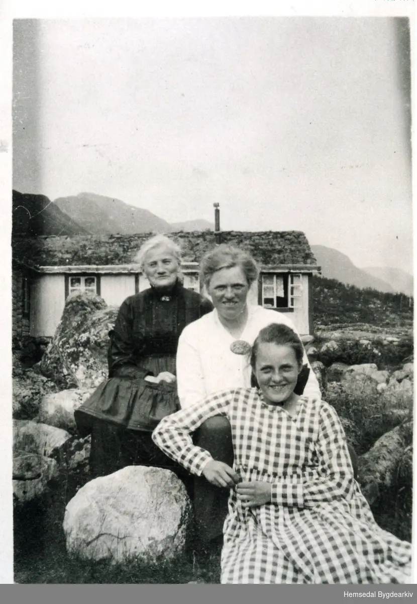 På Feten i Grøndalen i Hemsedal sumaren 1917.
Frå venstre: Jensine Dreyer, Ragnhild Dreyer Andersen og Borgny Dreyer Andersen