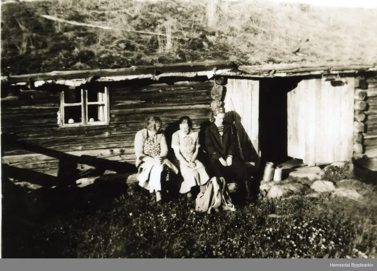 Frå venstre: Ukjend, Torlaug Bakko, Ukjend på Robøle i Lykkja i Hemsedal, ca. 1946