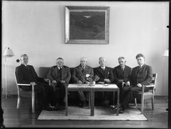 Gruppe innendørs, gutter/menn, sittende i sofa /stoler.