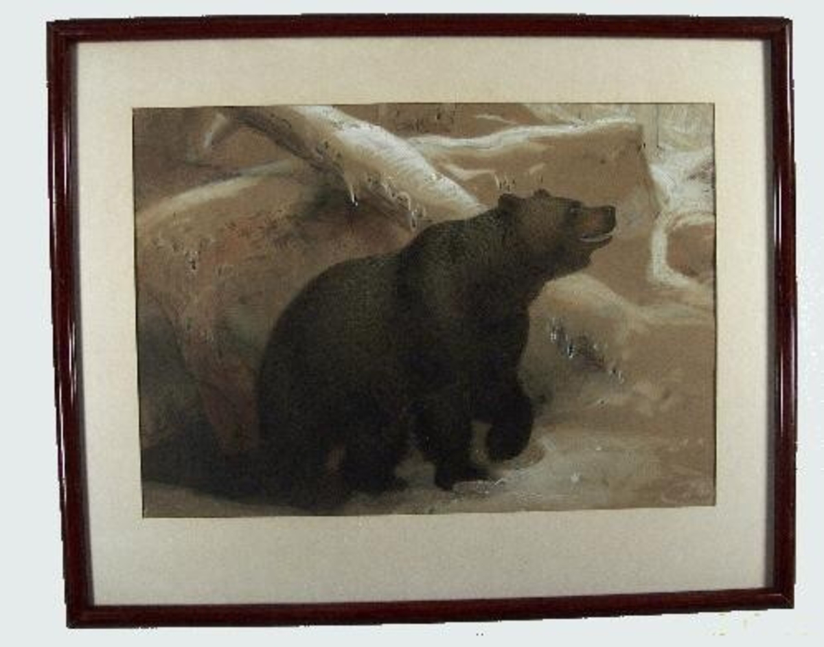 Akvarell visade en brunbjörn invid en större sten och omkullfallen granstock. Björnen synes att vara väckt ur sitt ide.

Enligt tradition inom givarens släkt förställer målningen en björn som dödats av björnjägaren Llewellyn Lloyd (1792-1876) . Lloyd var nära bekant med givarens farföräldrar.

Målningen är glastäckt och inramad i en 1,3 cm bred brunbetsad träram. Gåvan är förmedlad av antikvarie Stellan Granat vid Bohusläns museum Uddevalla.

Länsmuseet mottog gåvan då Lloyd har anknytning till Vänersborg där han bodde i drygt 30 år samt att museet redan äger delar av Lloyds tillhörigheter.
