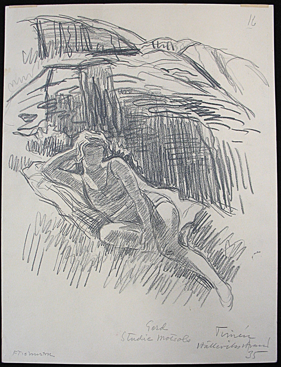 Teckning: Frans Timéns hustru Gerd, studie i motsol, Hälleviksstrand Bohuslän, 1935.