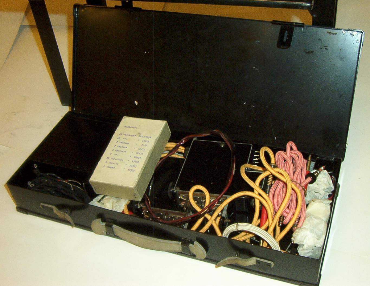 Telefonsentral (feltveksler) av eldre type med ledninger og plugger i grønn transportkasse på fire bein.