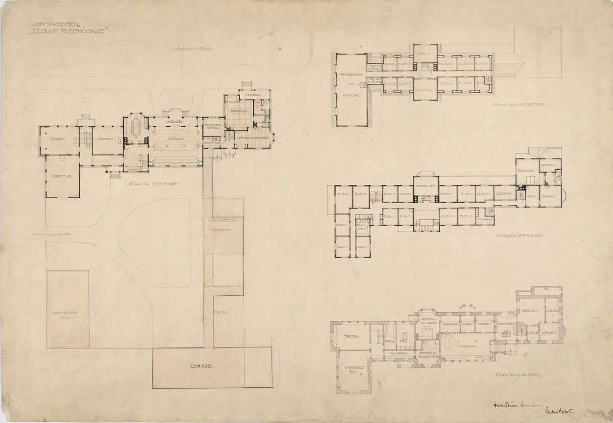 Eidsvold folkehøgskole, plan av kjeller, 1. etasje og loft [Plantegning ...