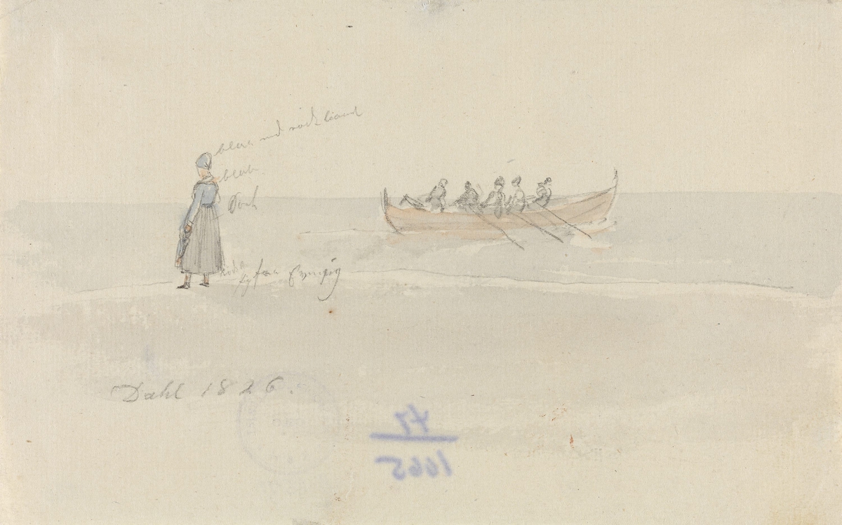 Båt med fem figurer og kvinne på stranden [Tegning]