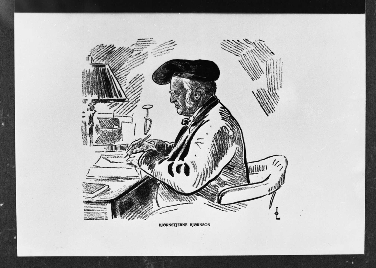 Karikatur, Bjørnstjerne Bjørnson ved skrivebordet, Lærum, lua,