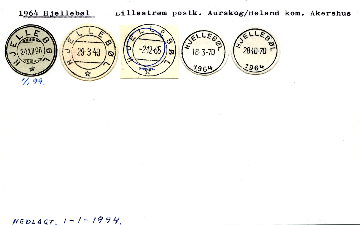 Stempelkatalog: 1964 Hjellebøl, Lillestrøm postk.,Aurskog/Høland kommune, Akershus
